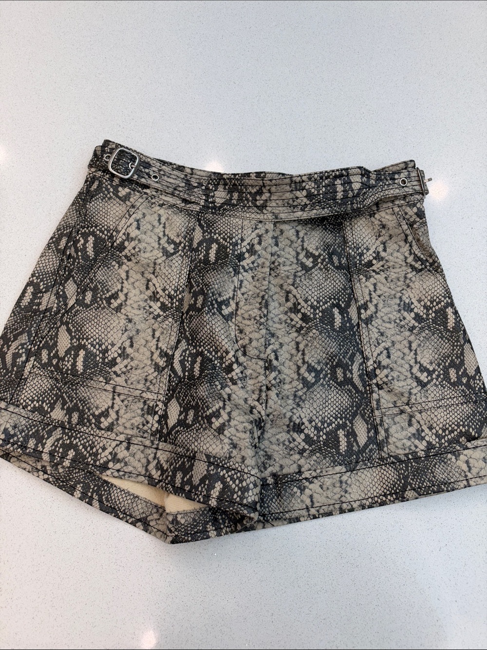 Snake-Print A-Line High-Rise Short in Beige and Black